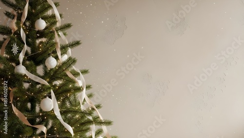 Premium Christmas copy-space background featuring realistic pine tree decorated with white ornaments and satin ribbons, beige wall backdrop, soft snowfall, perfect for festive marketing, banners, and 