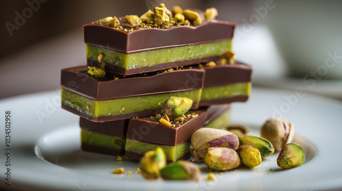 Fototapeta Naklejka Na Ścianę i Meble -  Delicious pistachio chocolate bars stacked on a white plate