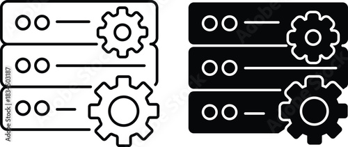 Editable  two style pack Backend server with cogs and code symbols silhouette. Handicraft Customise Design.