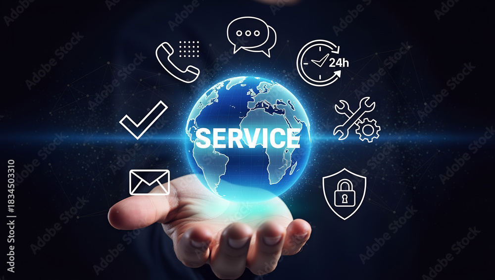 Fototapeta premium Global service and customer support concept with hand holding a glowing earth