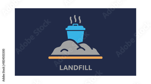 An illustrated icon depicts a blue trash can overflowing with gray waste material