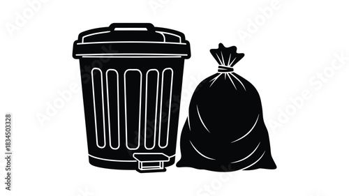 Black and white illustration depicting a trash can and a full garbage bag nearby