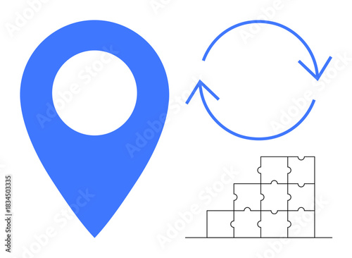 Navigation concepts. Location, process flow with an arrow, and puzzle pieces navigation solutions. Navigation for maps, process strategies, teamwork, systems thinking, planning tools
