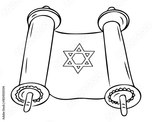 Torah scroll with wooden rollers and a star of david drawn as a simple line illustration. The concept represents religion, tradition and sacred jewish heritage