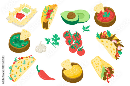 Mexican food set with tacos, nachos, sauces, vegetables and spices illustrated in a colorful appetizing style. The concept represents traditional cuisine, flavor and festive culinary variety