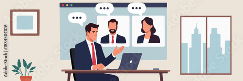 Illustration of a business professional at his desk having a video conference call with two colleagues on a laptop screen, set in a modern office with a city view, representing remote work.