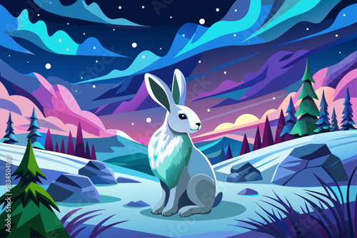 An arctic hare sitting quietly in a snowy landscape under a vibrant aurora borealis, a starlit night sky, a peaceful winter wildlife scene, and an image of the peaceful atmosphere of northern nature.