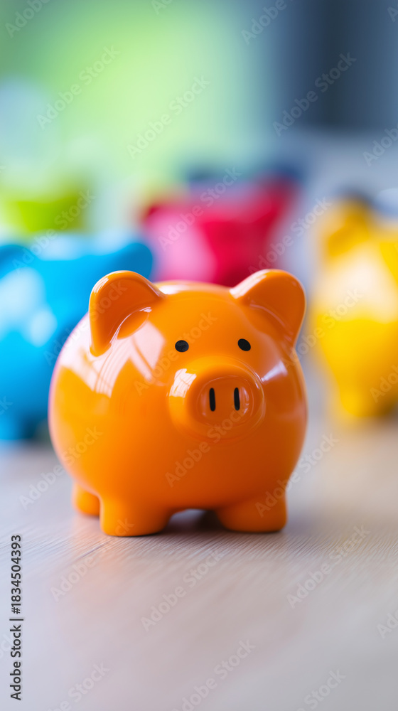 Obraz premium A bright orange piggy bank stands prominently on a table with colorful savings jars in the background. 