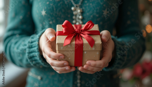 A person wearing a green sweater holding a wrapped gift with a red ribbon in their hands.