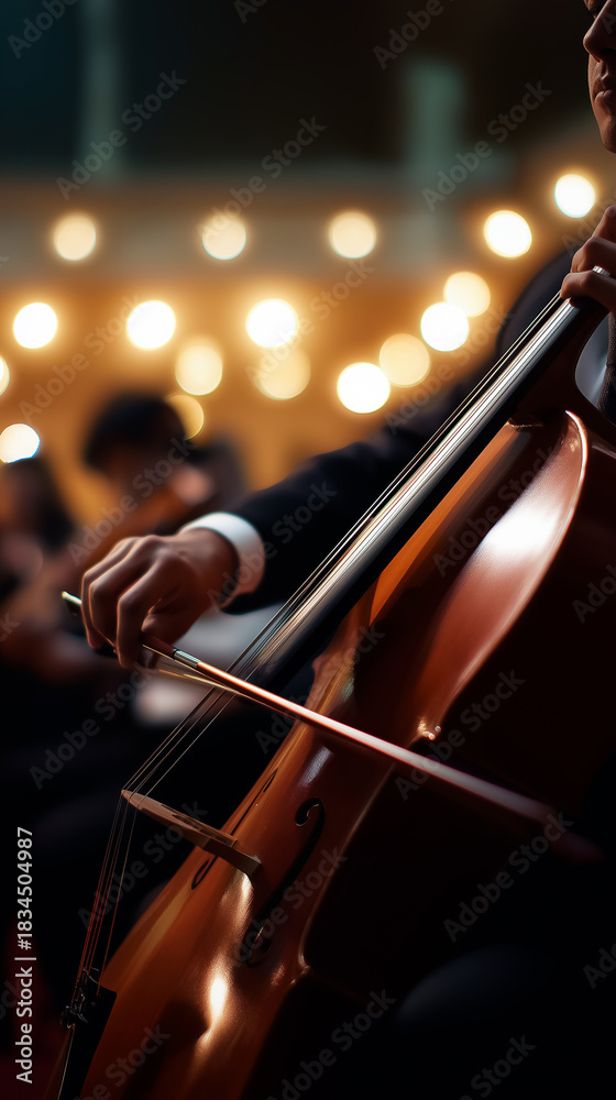 Fototapeta premium Cellist performs with a bow on stage under warm concert lighting. 