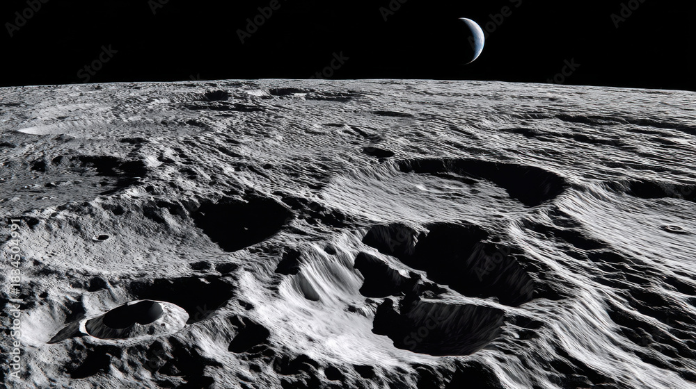 Obraz premium Lunar surface with craters and a distant planet in the night sky