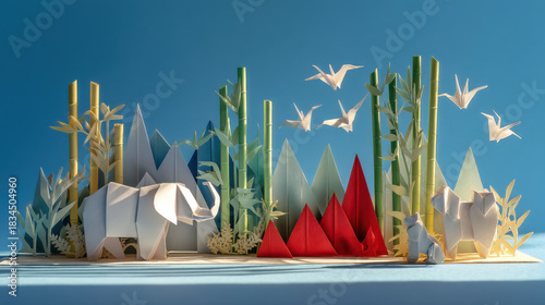 Origami animals in a paper jungle with bamboo and flying cranes