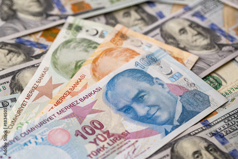 Obraz premium Title Turkish Lira and US Dollar Currency Mixture