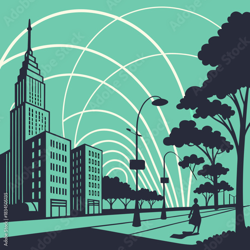 Retro City Communication Vector: Vintage Illustration of Skyscraper, Urban Park, and Street with Wireless Signals Radiating in Pop Art Style for Tech Graphics