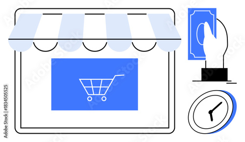 E-commerce, online shopping, digital retail, payment methods, time management, business transactions. a shop icon, shopping cart hand with money and clock. E-commerce and online shopping theme