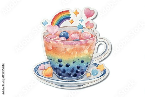 Rainbow Bubble Tea Watercolor Sticker - Aesthetic Drink Clipart