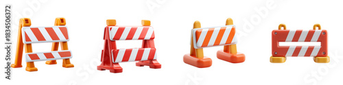 Vibrant set of road construction barriers, perfect for safety awareness campaigns, modern infrastructure projects, and urban planning concepts, originally vector graphics