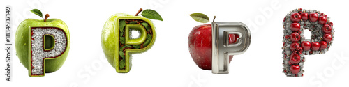 Four Decorative 'P' Letter Designs with Apples for Educational Resources and Creative Branding, Ideal for Nutrition and Healthy Eating Campaigns