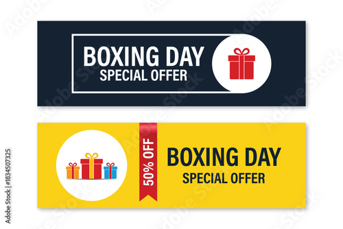 Boxing day special offer banner set with gift box icon and 50 percent discount promotion tag vector illustration