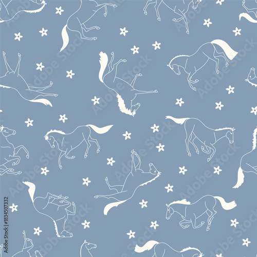 Seamless pattern with white outlined horses and flowers
