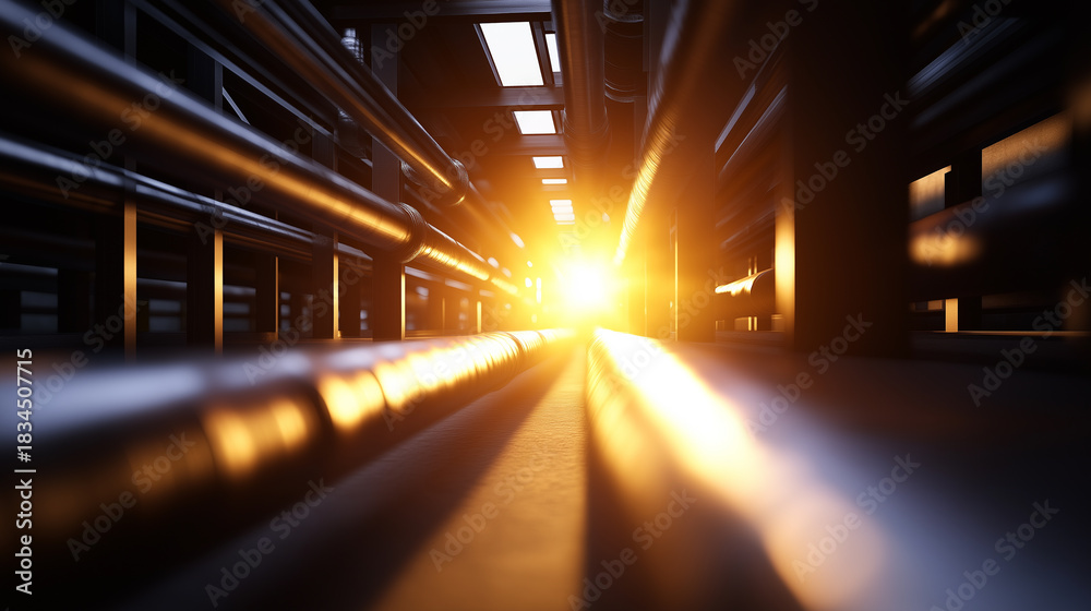 Obraz premium Long metal pipelines stretch into the distance under a dramatic sunset sky, symbolizing energy transport and infrastructure.