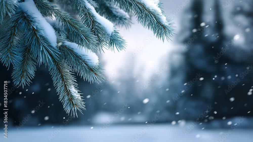 Naklejka premium A snow-covered evergreen branch hangs against a softly blurred winter background as snowflakes fall.
