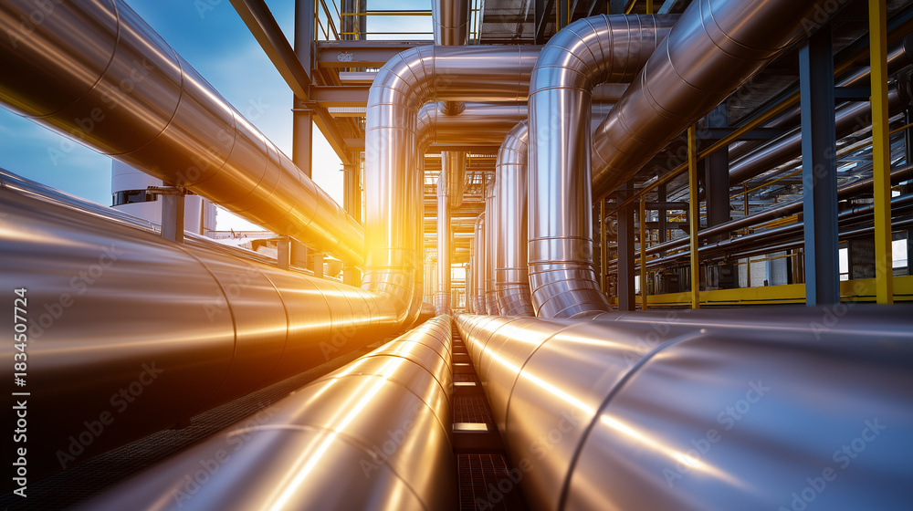 Obraz premium Long metal pipelines stretch into the distance under a dramatic sunset sky, symbolizing energy transport and infrastructure.