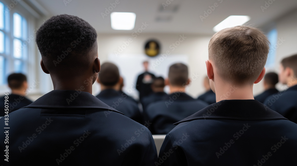 Obraz premium Uniformed trainees sit facing an instructor during a structured training session in a classroom setting. 