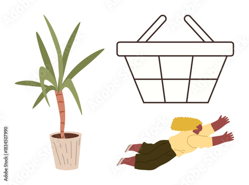 Woman leaping toward large basket with potted plant on side. Ideal for concepts such as ambition, growth, opportunity, goals, desires, achievements, motivation. A simple flat metaphor