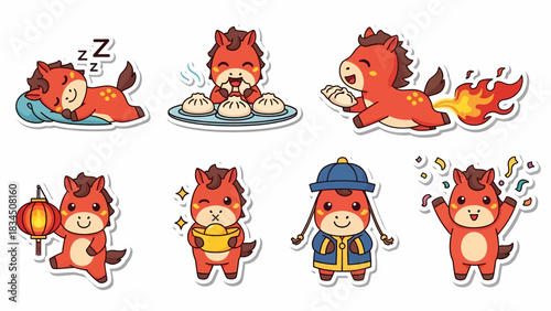 Cute cartoon horse celebrating Chinese New Year and Lunar New Year with fire element, embracing Asian culture, zodiac symbolism, and wishes for prosperity and good fortune