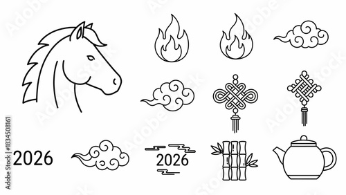Year of the Fire Horse Chinese New Year 2026 with Elements of Fire & Lucky Symbols for Lunar New Year, Zodiac, Asian Culture, and Prosperity