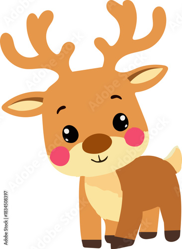 A cute cartoon baby reindeer with rosy cheeks and big antlers smiles sweetly in a playful, festive style.