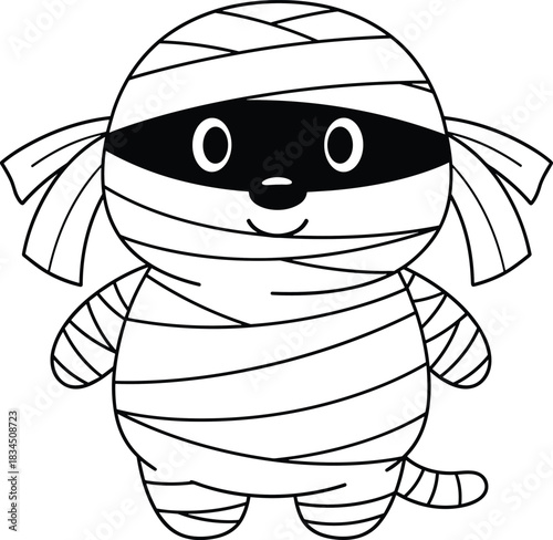 Cartoon mummy character with bandages and mask, cute spooky figure, Halloween theme, playful black and white vector illustration