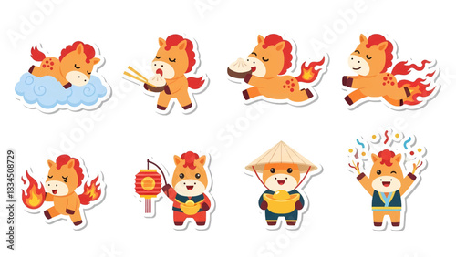 Vibrant Chinese New Year and Lunar New Year illustrations featuring the fire element, zodiac horse, prosperity symbols, and rich Asian culture celebrations