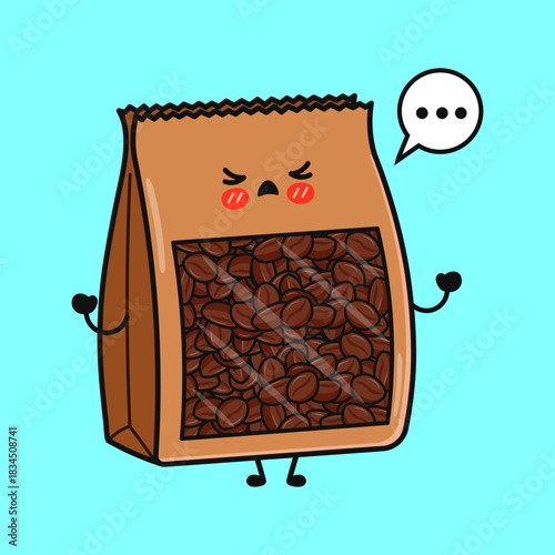 Angry kawaii coffee bag frowning with speech bubble