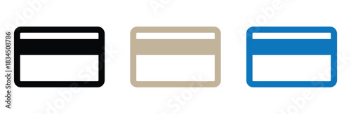 Modern credit card icons for financial themes, symbolizing secure payments and banking transactions, in black, tan, and blue for diverse design applications