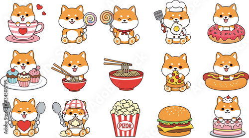 Cartoon Shiba Inu dog with food items and culinary props, cute character grid, playful vector illustration for themed content