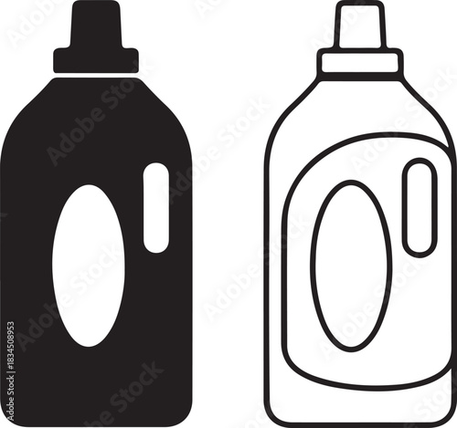 Detergent bottle vector icons: solid silhouette and outline illustrations for cleaning products, laundry, and household chemicals.