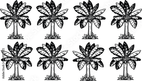 Seamless Vintage Blue Banana Palm Tree Pattern Wallpaper Vector Illustration Repeat Tile Background Tropical Exotic Jungle Foliage Design for Fabric Textile Printing Product Surface Decoration