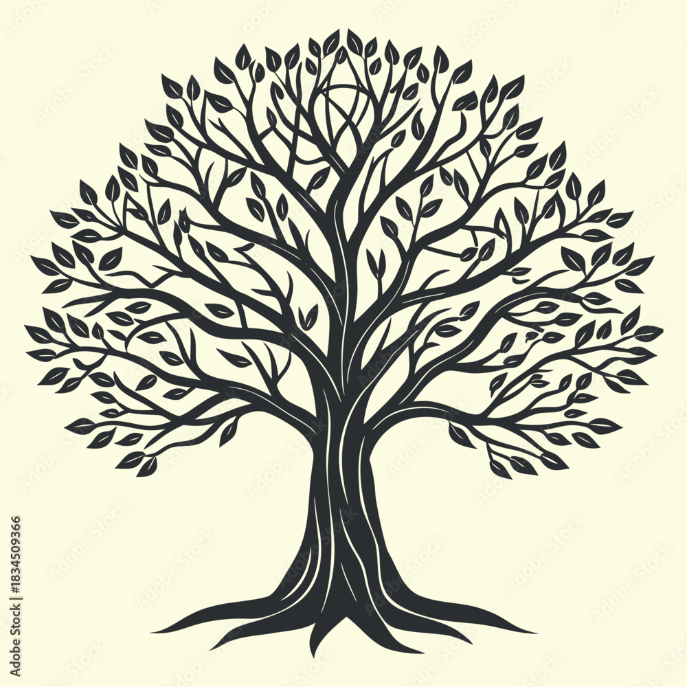 Obraz premium Dark Grey Silhouette Tree With Leaves On Cream Background Keywords: tree, silhouette, dark grey