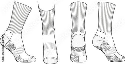 Technical Drawing Vector Template for Crew Socks Featuring Ribbing and Various Fabric Texture Details, Comprehensive Sock Design Flat Sketch with Multiple Views for Fashion Tech Pack.