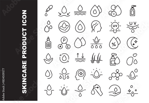 Ultimate Skincare and Beauty Product Line Icon Set. Cosmetic, Spa, Facial Treatment, and Organic Dermatology Vector Icons. Contains icons such as Cream, Serum, UV Protection, and Natural Ingredients.