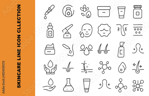 Huge Skincare and Cosmetic Line Icon Set. Beauty, Spa, Natural Ingredients, Facial Treatment, and Dermatology Vector Icons. Contains icons like Cream, Serum, UV Protection, and Moisturizer.