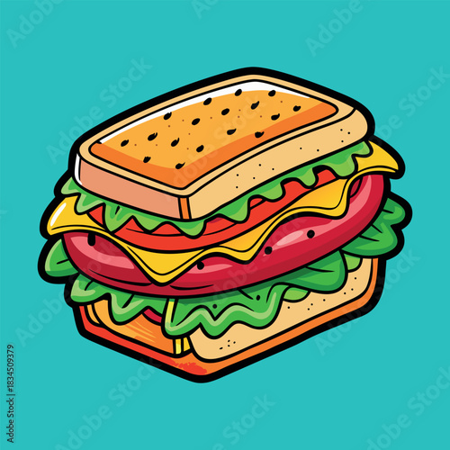 Delicious cartoon sandwich with sausage and cheese