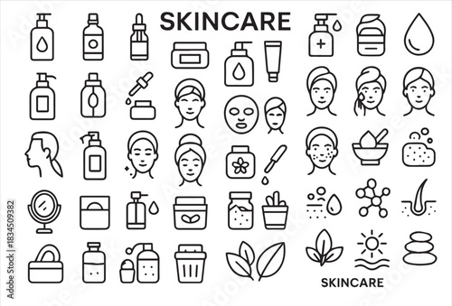 Skincare Line and Outline Icon Set. Beauty, Cosmetic, Facial Treatment, Spa, and Organic Ingredients Vector Icons. Contains icons like Cream, Serum, Face Mask, Moisturizer, and Dermatology.