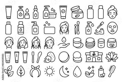 Skincare Line and Outline Icon Set. Beauty, Organic Cosmetic, Facial Treatment, and Spa Vector Icons. Contains icons such as Cream, Serum, Natural Ingredients, Moisturizer, and Face Mask.