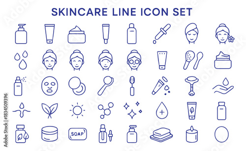 Skincare Line Icon Set. Beauty, Cosmetic, Spa, and Dermatology Outline Icons. Contains icons such as Cream, Lotion, Facial Mask, Serum, Moisturizer, and Face Massage.