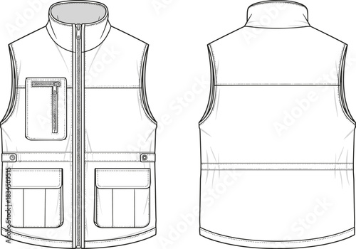 Vector technical flat sketch drawing of a versatile men's zip-up utility vest featuring multiple cargo pockets, a high collar, and practical design for outdoor activities, workwear