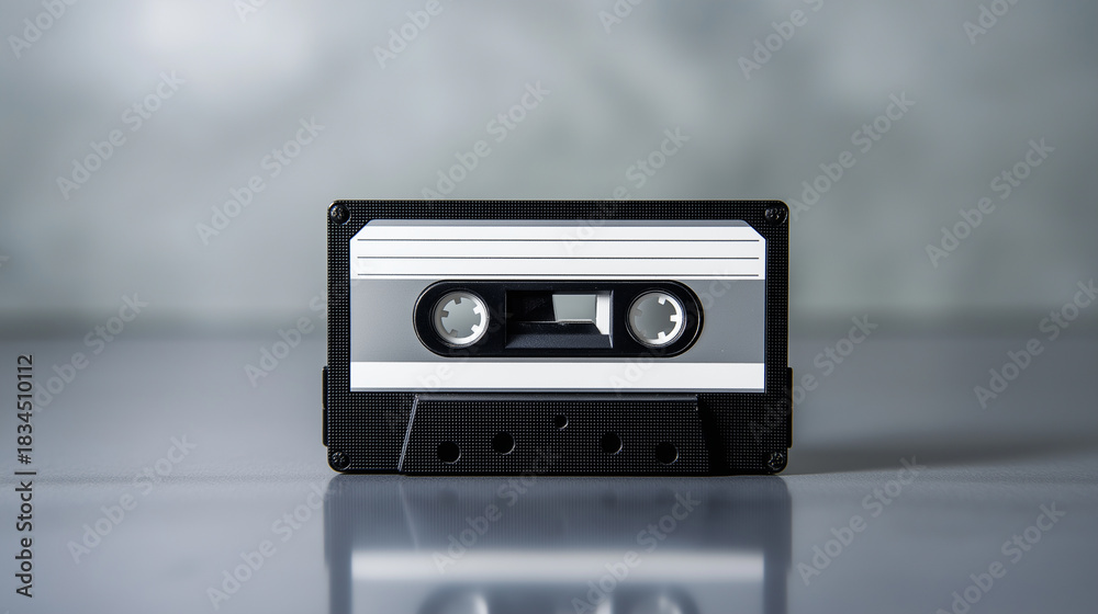 Fototapeta premium A vintage audio cassette tape standing upright on a reflective surface. 