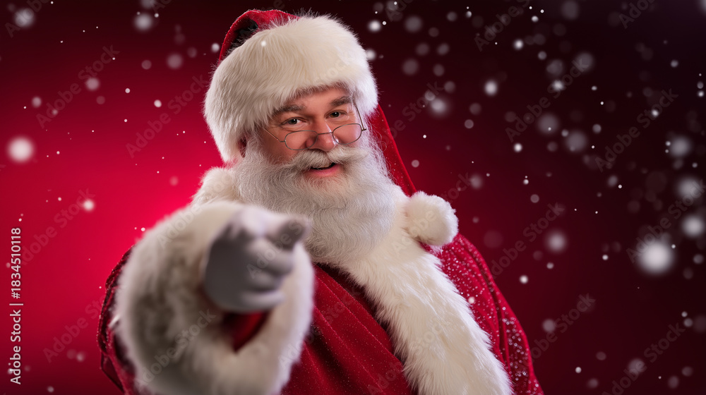 Naklejka premium A classic Santa Claus pointing directly at the viewer against a red snowy background. 